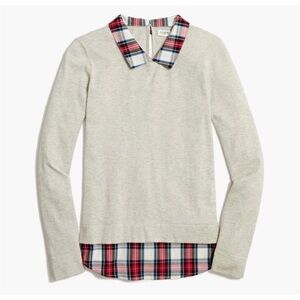 Women’s J.Crew tartan plaid woven-collar sweater in heather dove gray Size small